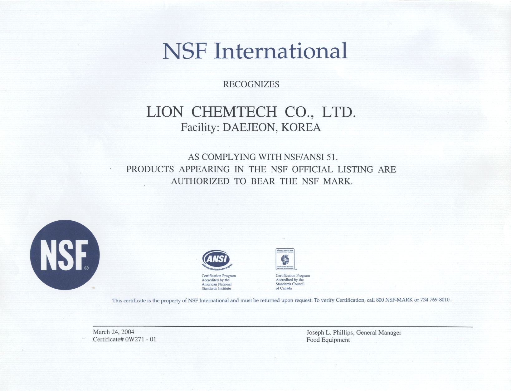 Lion Chemtech Co. Ltd. Skladnost s standardi NSF ANSI51